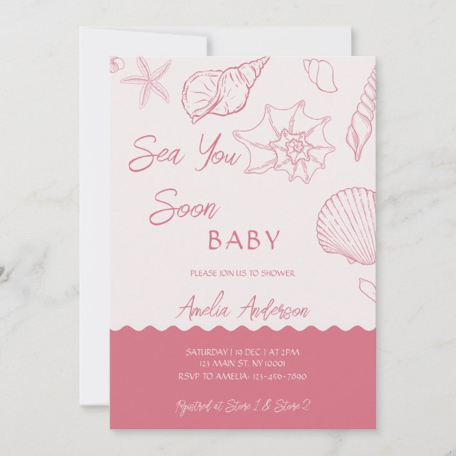 Sea You Soon Pink Seashells Coastal Baby Shower Invitation (Front)