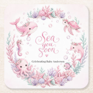 Sea You Soon Pink Under the Sea Baby Shower Person Square Paper Coaster