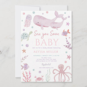 Sea You Soon Pink Watercolor Pastel Baby Shower Invitation