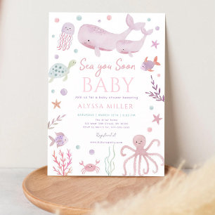 Sea You Soon Pink Watercolor Pastel Baby Shower Invitation