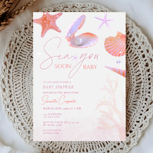 Sea you soon purple coral aesthetic baby shower invitation