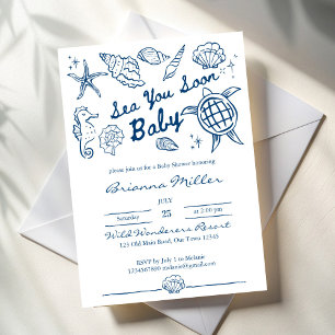 Sea you soon seashells beach boy baby shower invitation