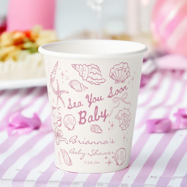 Sea you soon seashells beach girls baby shower paper cups (Sea you soon pink seashells seaside beach girls baby shower personalized paper cups)