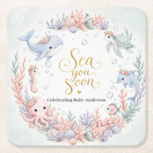 Sea You Soon Under the Sea Neutral Baby Shower Square Paper Coaster
