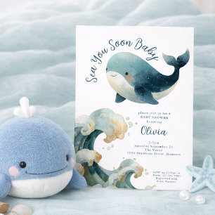 Sea You Soon Whale Ocean White Baby Shower Invitation