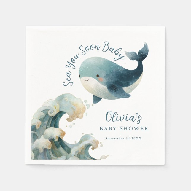 Sea You Soon Whale Ocean White Baby Shower Napkin (Front)