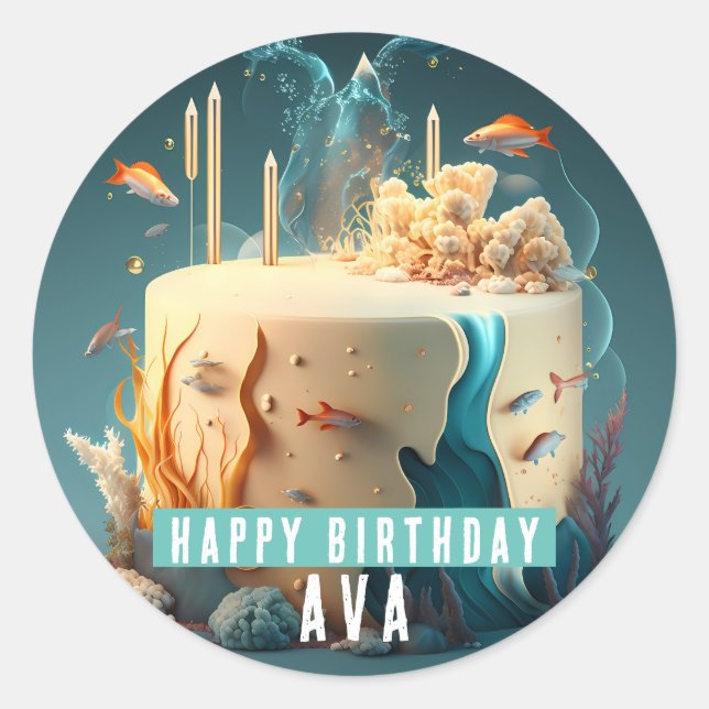 Seabed Fish Seaweed Corals Candles Cake - Birthday Classic Round Sticker (Front)