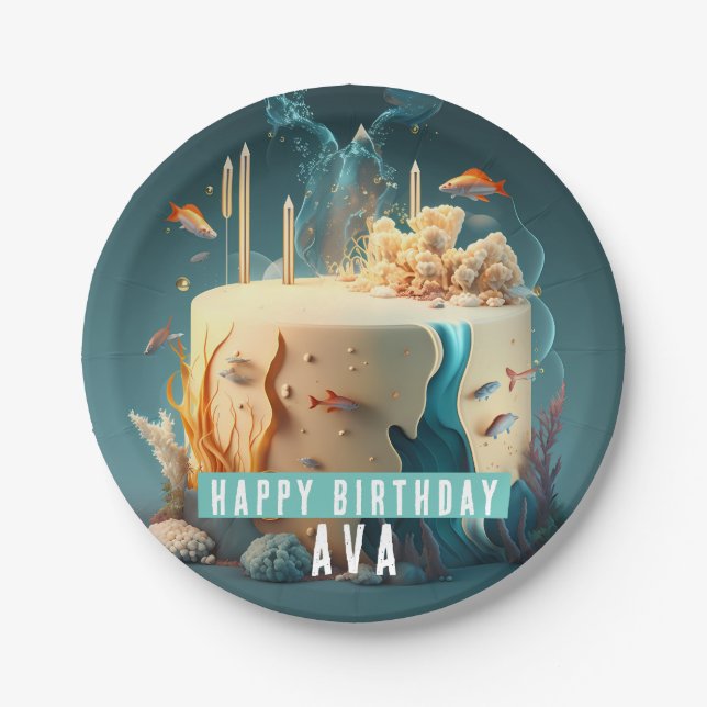 Seabed Fish Seaweed Corals Candles Cake - Birthday Paper Plate (Front)