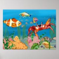 seabed with red crab, algae and fish, tropical sea