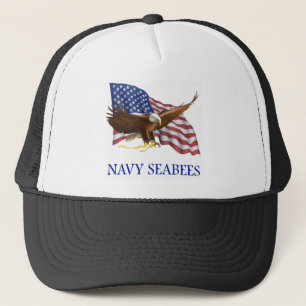 Seabees Bald Eagle American Flag Design Trucker Hat
