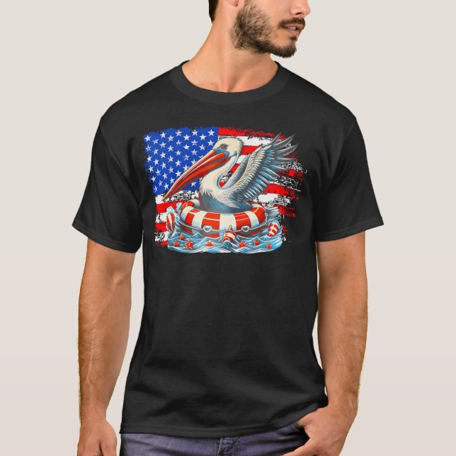 Seabird 4Th Of July Usa Pelican America Flag Funny T-Shirt (Front)