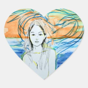 Seabirds (Watercolor, Ink) Heart Sticker