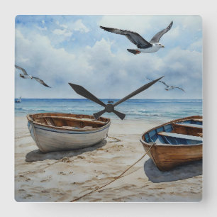 "Seabreeze Serenade". Colourful Serene Boat Scene Square Wall Clock