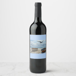 "Seabreeze Serenade". Colourful Serene Boat Scene Wine Label
