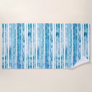 Seabreeze Watercolor Blue Stripe Beach Pattern Beach Towel
