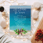 Seacoast Christmas Party Beach Themed Invitation<br><div class="desc">Coastal holiday party invitation template. Beach and ocean background with dark blue water. Off-white text has larger script at the top with sample wording, "Let's celebrate the season". All party text is in a paragraph and can be worded for a house party, office party, or other. A brown sea star...</div>