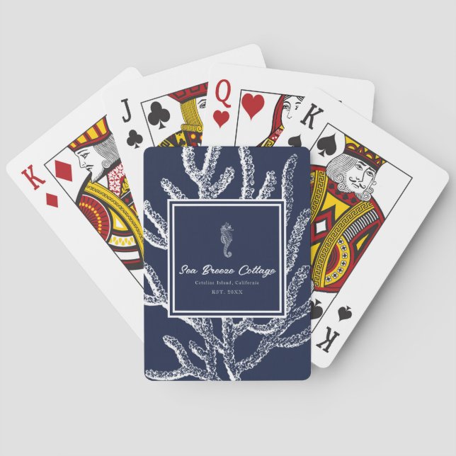 Seafaring Dreams: Blue & White Seahorse and Coral Playing Cards (Back)