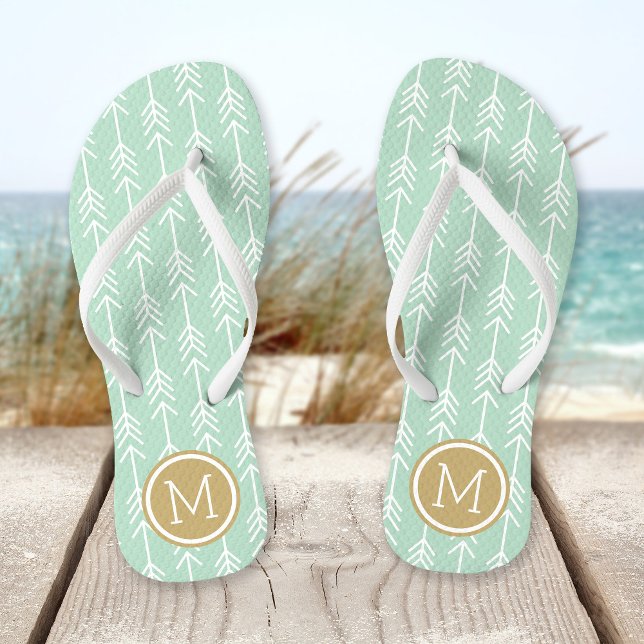 Seafoam and Gold Arrows Monogram Flip Flops (Creator Uploaded)