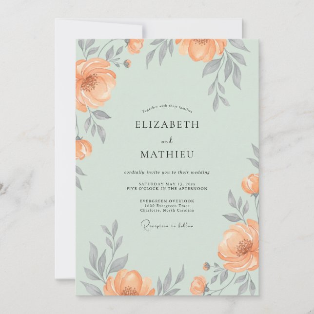 Seafoam Apricot Peony Wedding Invitation (Front)