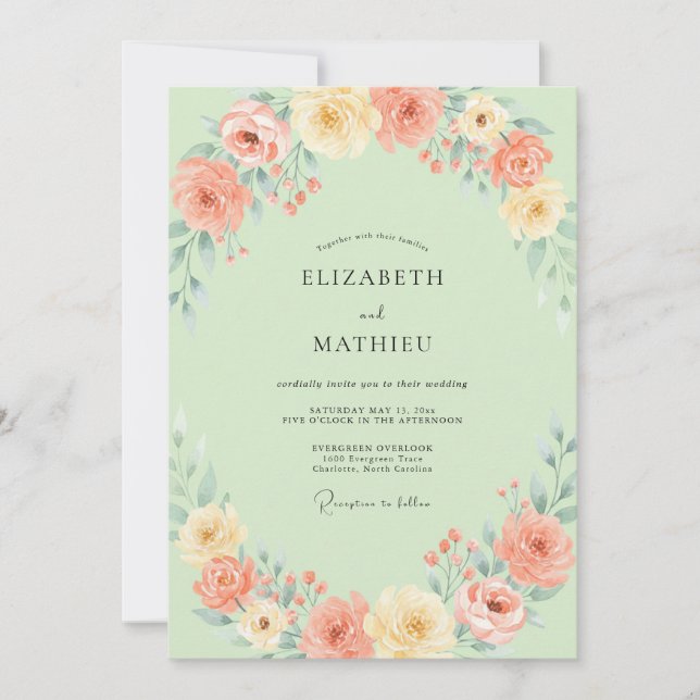 Seafoam Apricot Rose Wedding Invitation (Front)