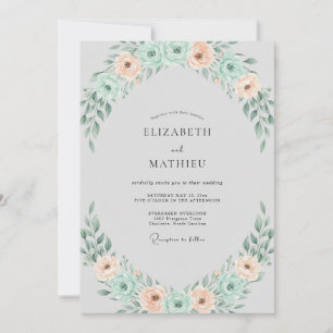 Seafoam Apricot Wreath Wedding Invitation