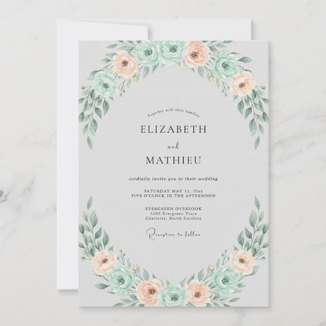 Seafoam Apricot Wreath Wedding Invitation (Front)