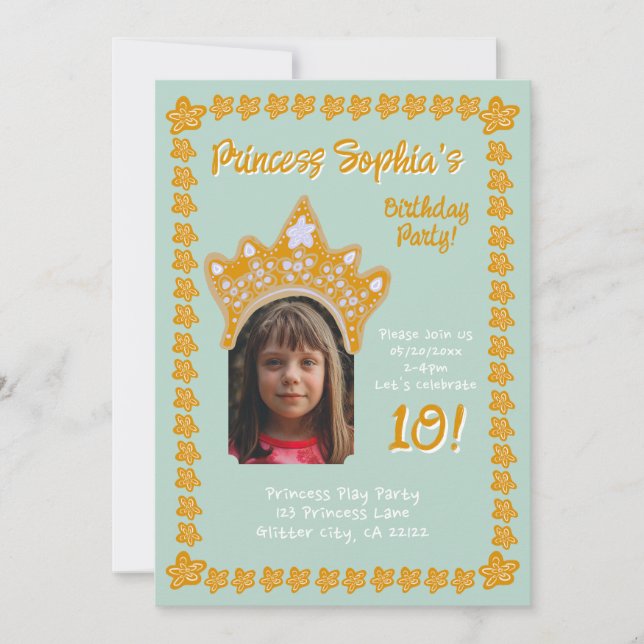 Seafoam Aqua Princess Crown Floral Photo Birthday Invitation (Front)