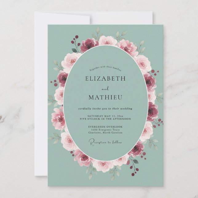Seafoam Berry Peony Wedding Invitation (Front)