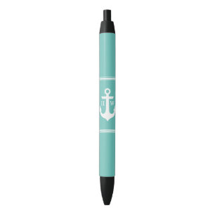 Seafoam Blue Anchor Monogrammed Black Ink Pen