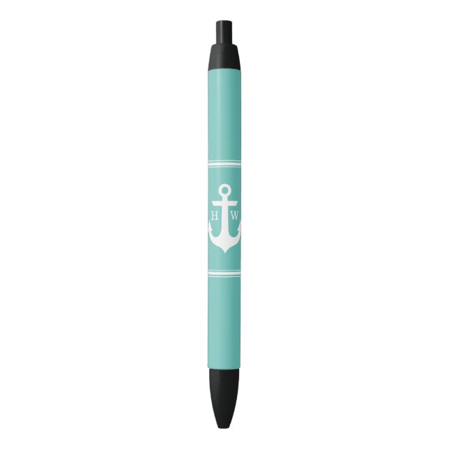 Seafoam Blue Anchor Monogrammed Black Ink Pen (Front Vertical)