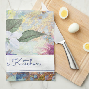 Seafoam blue floral watercolor custom name vintage tea towel