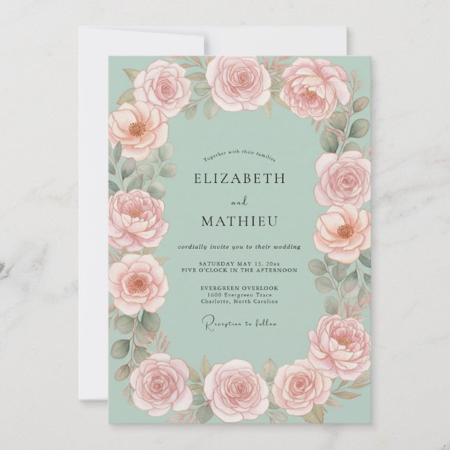 Seafoam Blush Pink Peony Wedding Invitation (Front)
