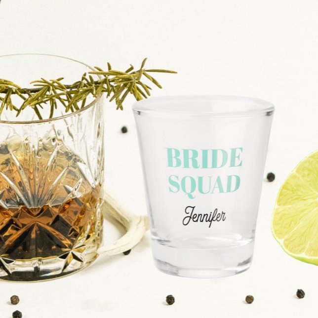 Seafoam Bride Squad Bachelorette Party Shot Glass (In Situ)
