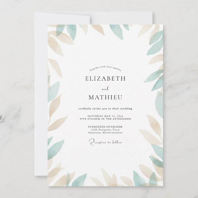 Seafoam Champagne Leaf Wedding Invitation (Front)