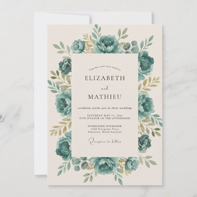 Seafoam Champagne Rose Wedding Invitation (Front)