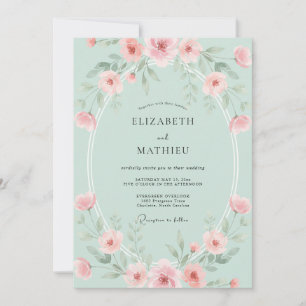 Seafoam Coral Ranunculus Eucalyptus Wedding Invitation