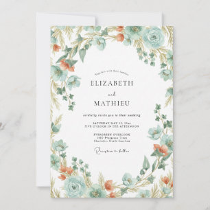 Seafoam Coral Wreath Wedding Invitation