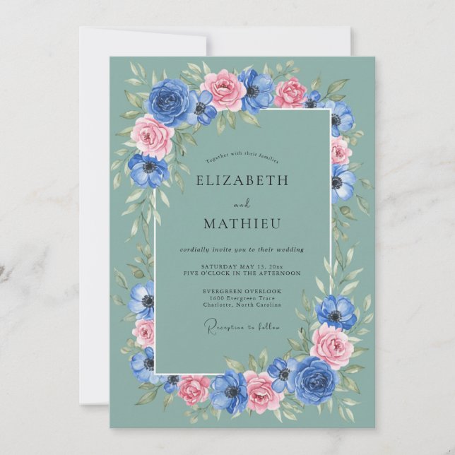 Seafoam Cornflower Ranunculus Eucalyptus Wedding Invitation (Front)