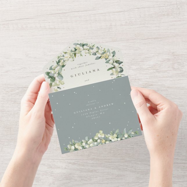 Seafoam/Cream Snowberry+Eucalyptus Winter Wedding All In One Invitation (Opening)