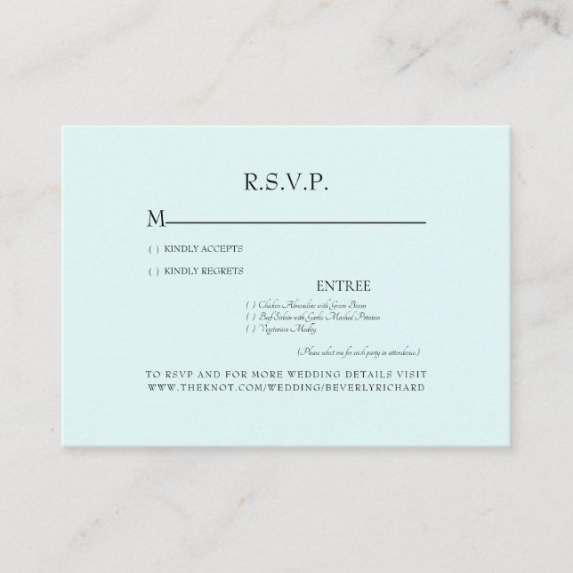 Seafoam Dinner Options Wedding RSVP Enclosure Card (Front)