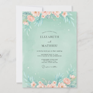 Seafoam Dusty Peach Peony Wedding Invitation