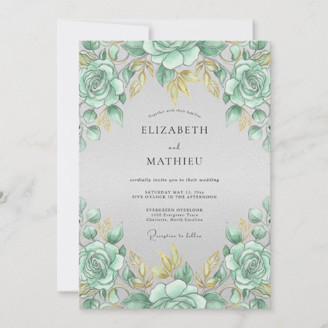 Seafoam Gilded Rose Wedding Invitation (Front)