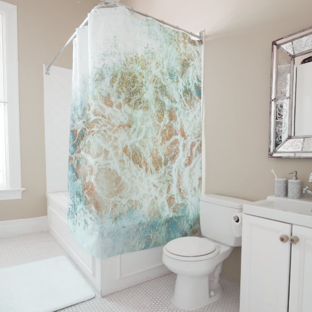 Seafoam Glitter Marble Shower Curtain (In Situ)