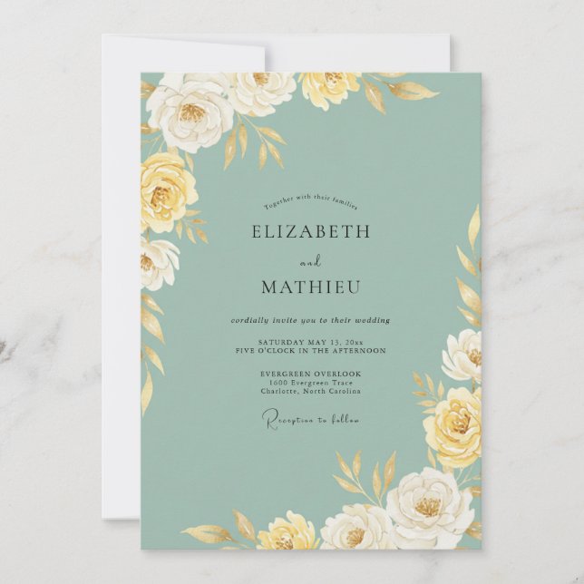 Seafoam Golden Peony Wedding Invitation (Front)