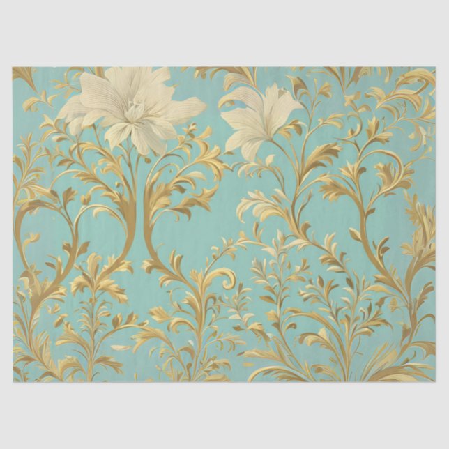 Seafoam Green and Gold Traditional Decoupage Tissue Paper (Front)