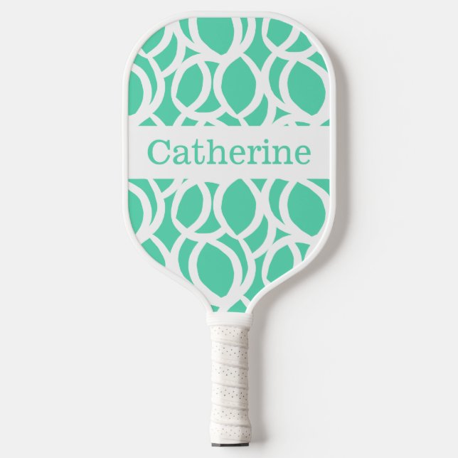 Seafoam Green and White Abstract Pattern Name Pickleball Paddle (Front)