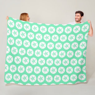Seafoam Green and White Sand Dollar Seashell Beach Fleece Blanket