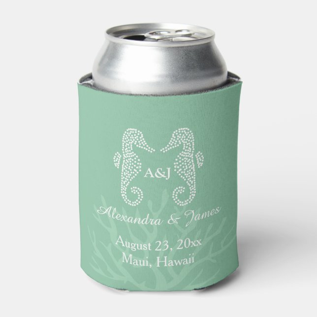 Seafoam Green Blue Seahorse Beach Wedding Monogram Can Cooler (Can Front)