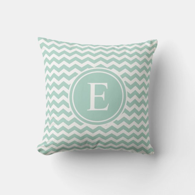 Seafoam Green Chevron Monogram Throw Pillows (Front)