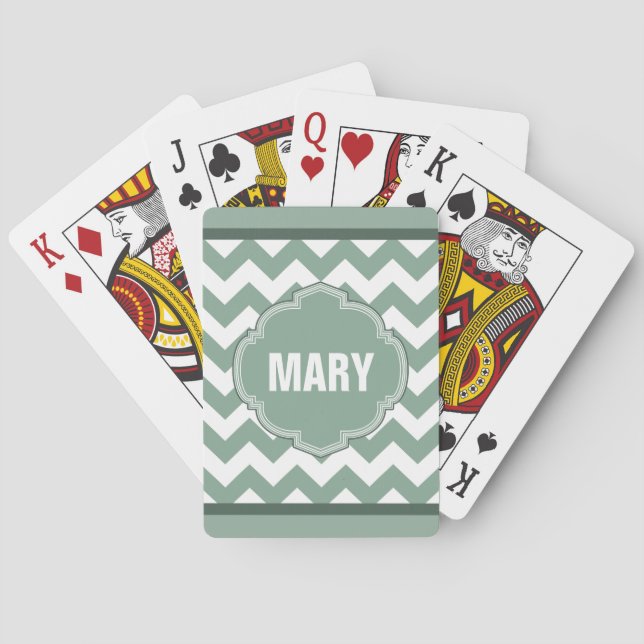 Seafoam Green Chevron Stripe Monogram Card Deck (Back)